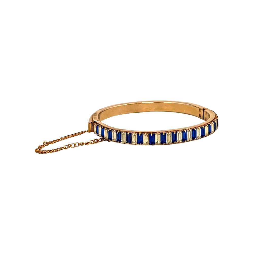 Vintage 1960s Clamper Bracelet Blue & Clear Crystal Baguettes  Gold Tone - 15C